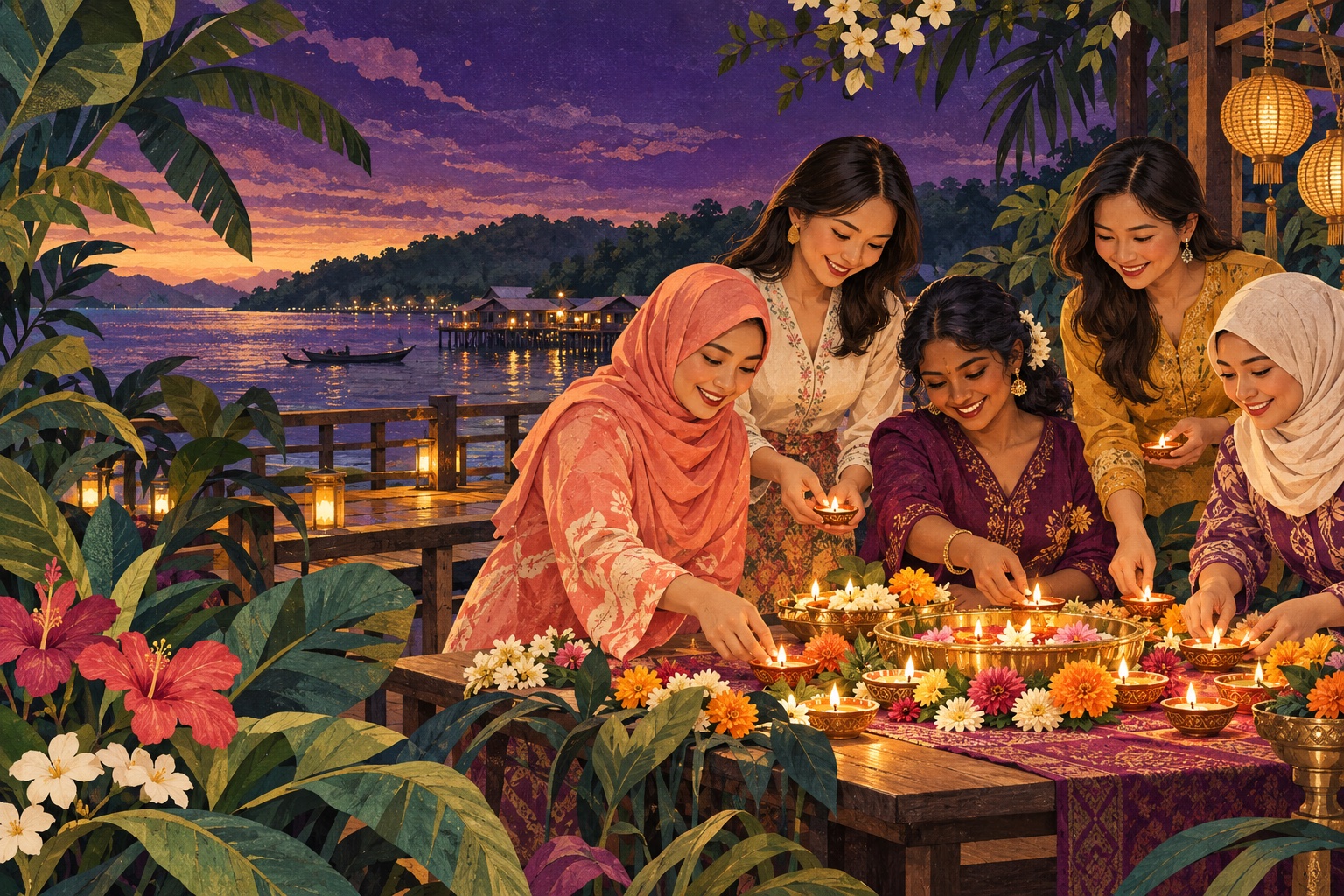 Ilustrasi wanita pelbagai budaya menyediakan pelita di tepi teluk tropika